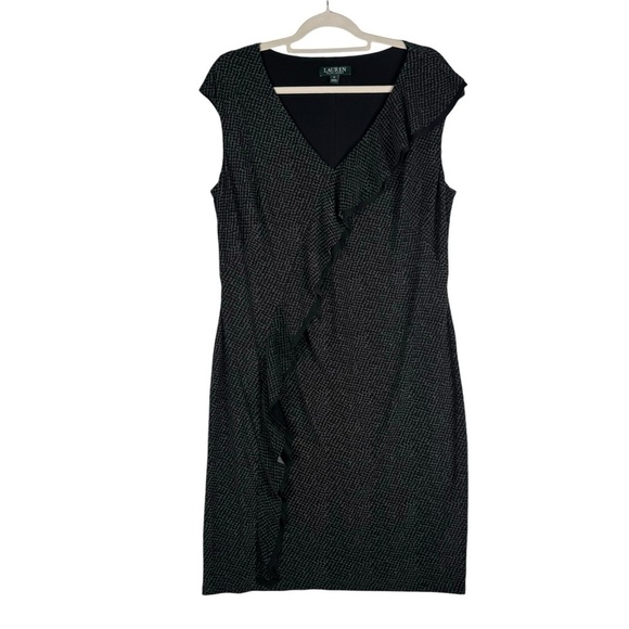 Lauren Ralph Lauren LRL Dress Size 16 Gray Black Ruffle-Trim Jersey V-neck - Picture 3 of 10